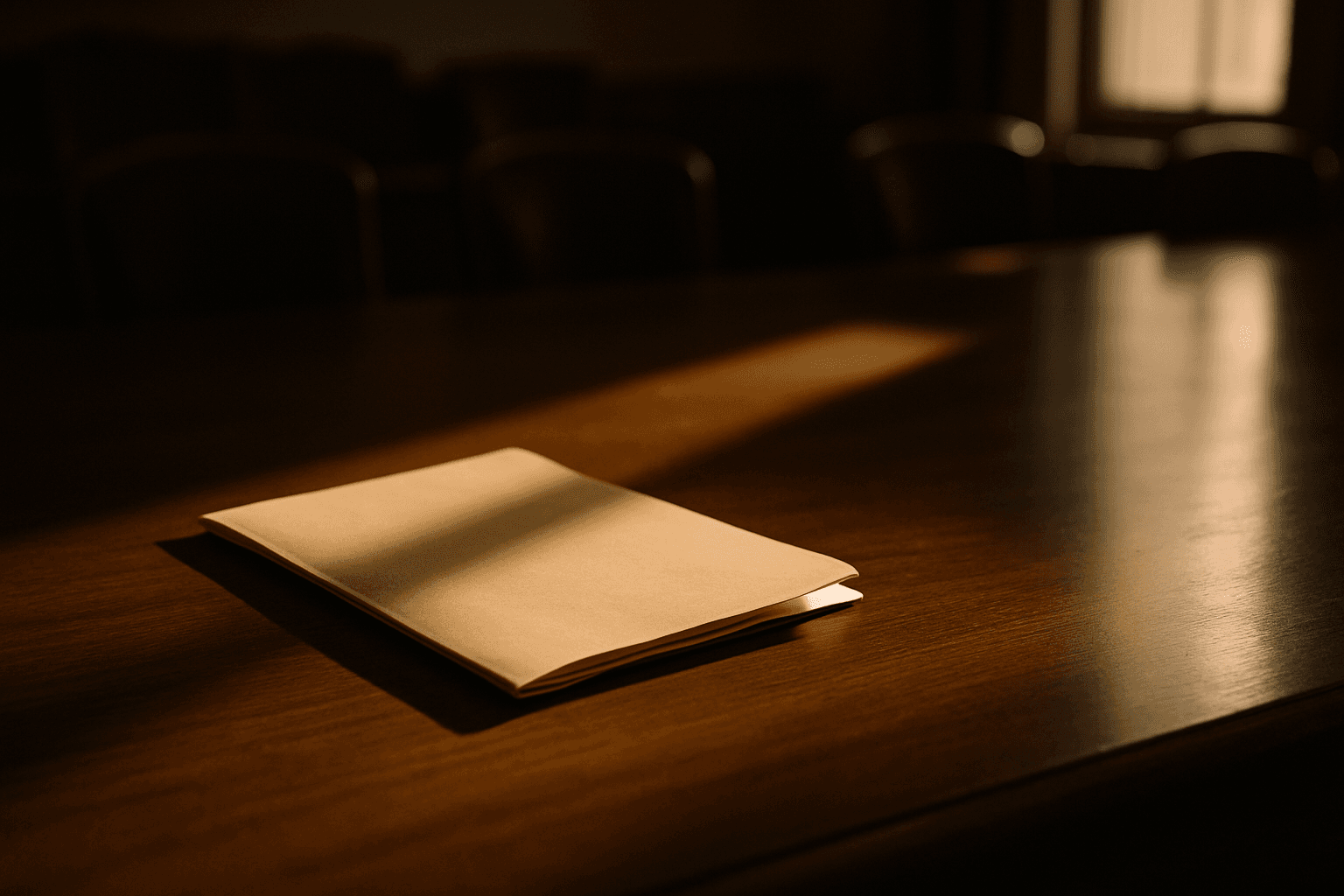 Closed folder on a government hearing room table, empty chamber in background
