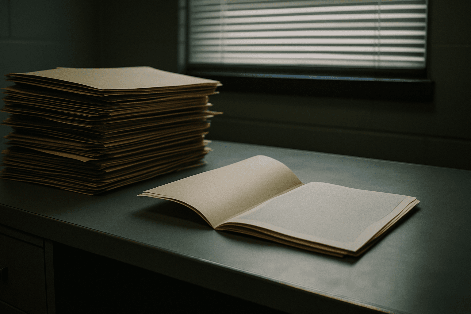 Manila folders on a government metal desk under fluorescent light, one open with papers face-down