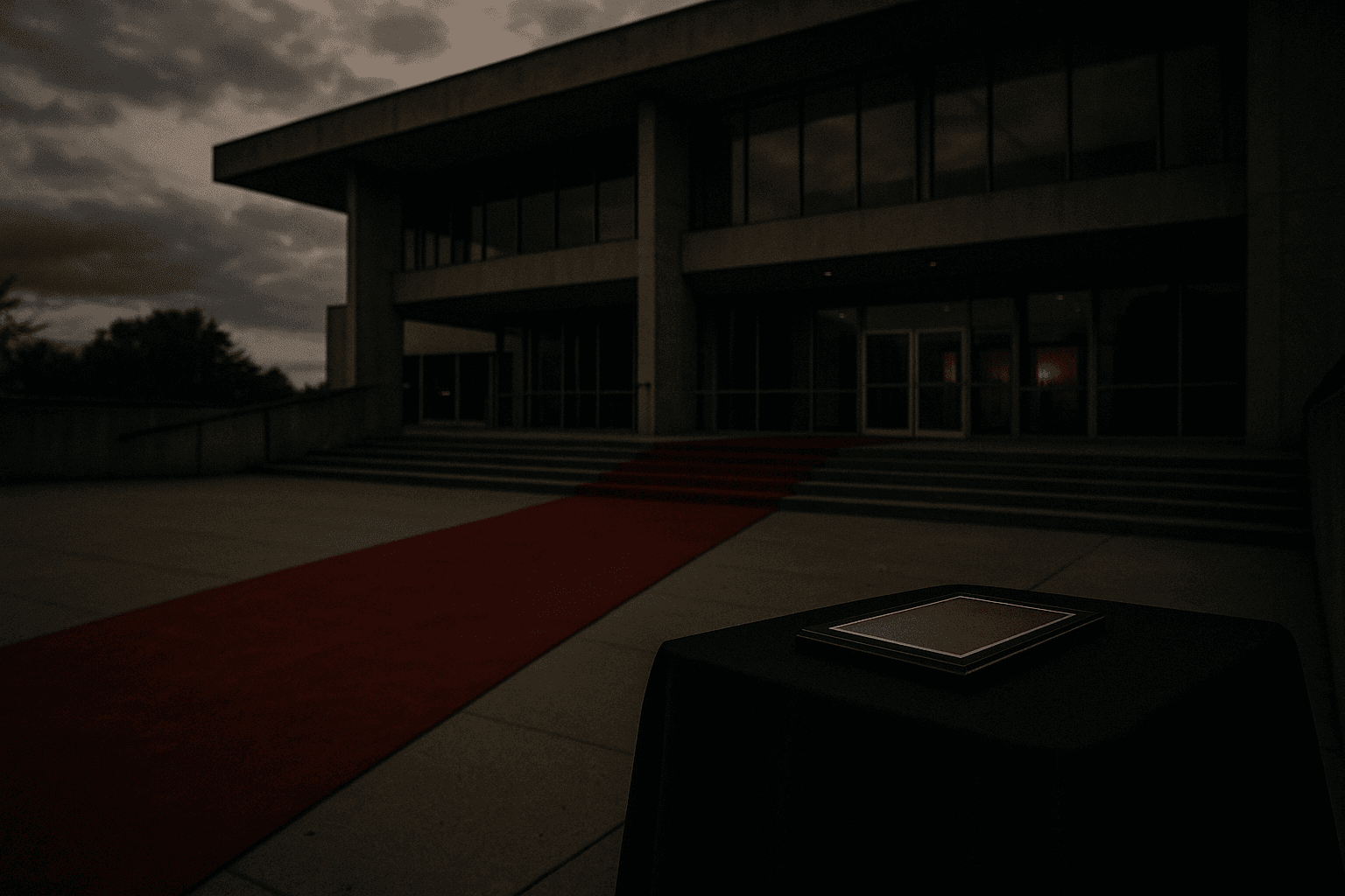 An empty red carpet leads toward a modernist building entrance at dusk, with an award plaque slightly out of focus in the foreground