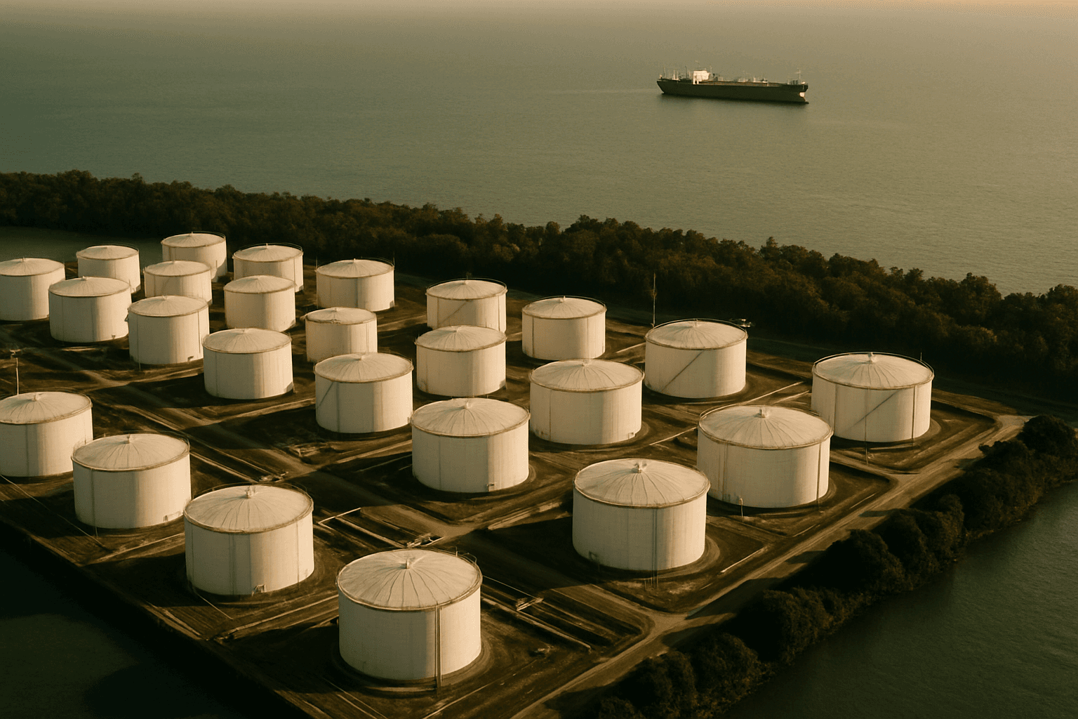 Aerial view of an oil storage terminal on a tropical island with a tanker anchored offshore