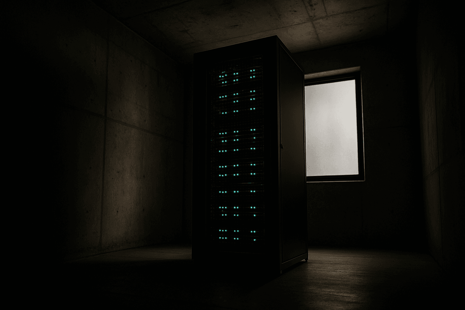 A dark server rack glowing with green indicator lights in a concrete room beside a frosted window.