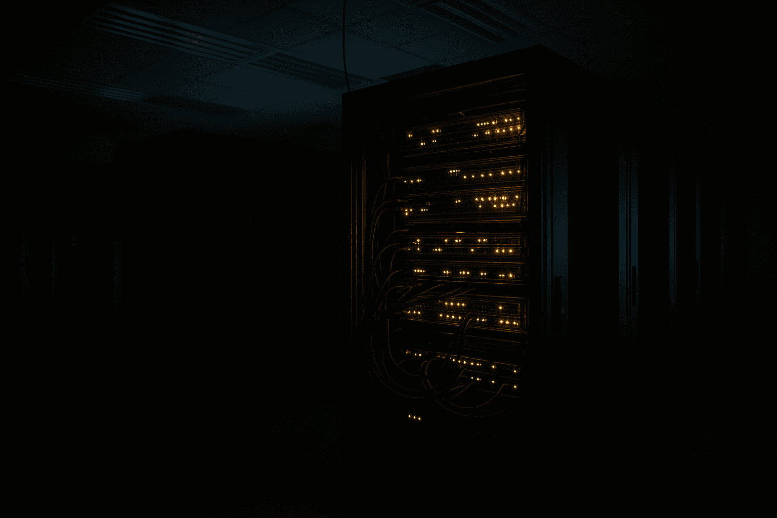 Server rack room at night with a single illuminated rack and blinking indicator lights in deep shadow