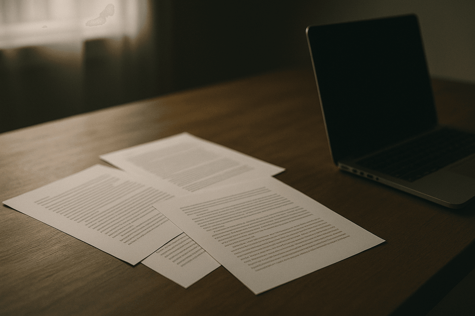Manuscript pages spread across a plain desk beside an open laptop with its screen facing away, photographed in soft overcast window light.