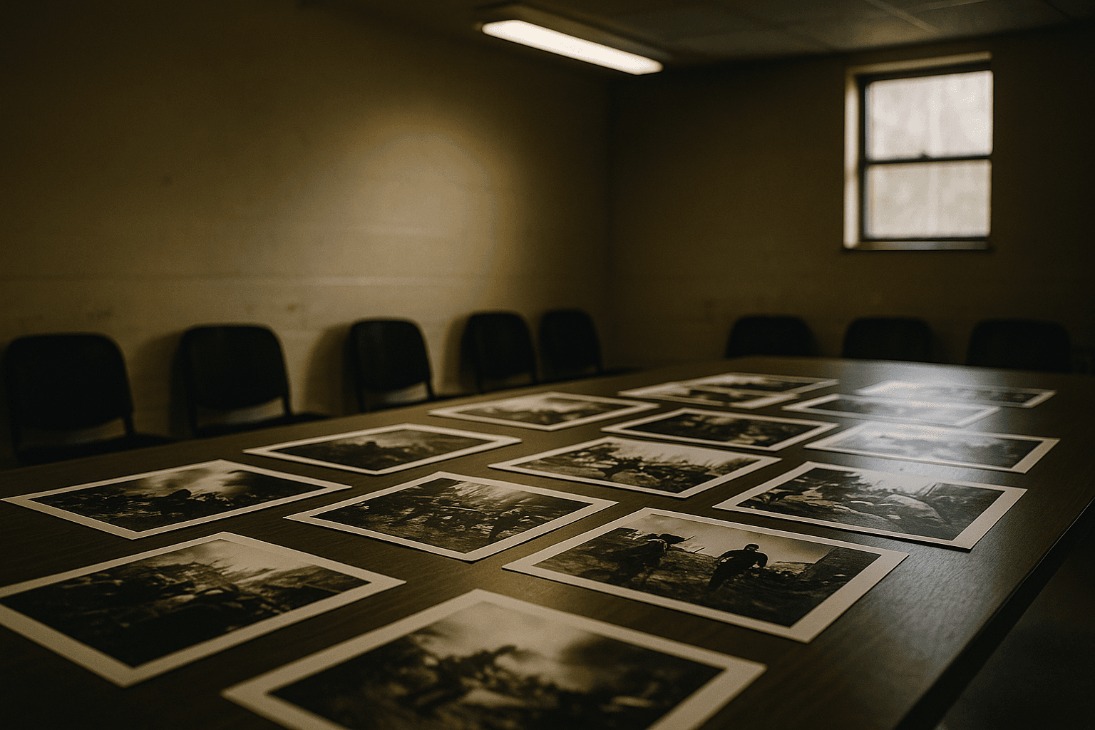 A long jury table covered with overlapping large-format photography prints in a dim institutional room, one print in the foreground slightly out of focus