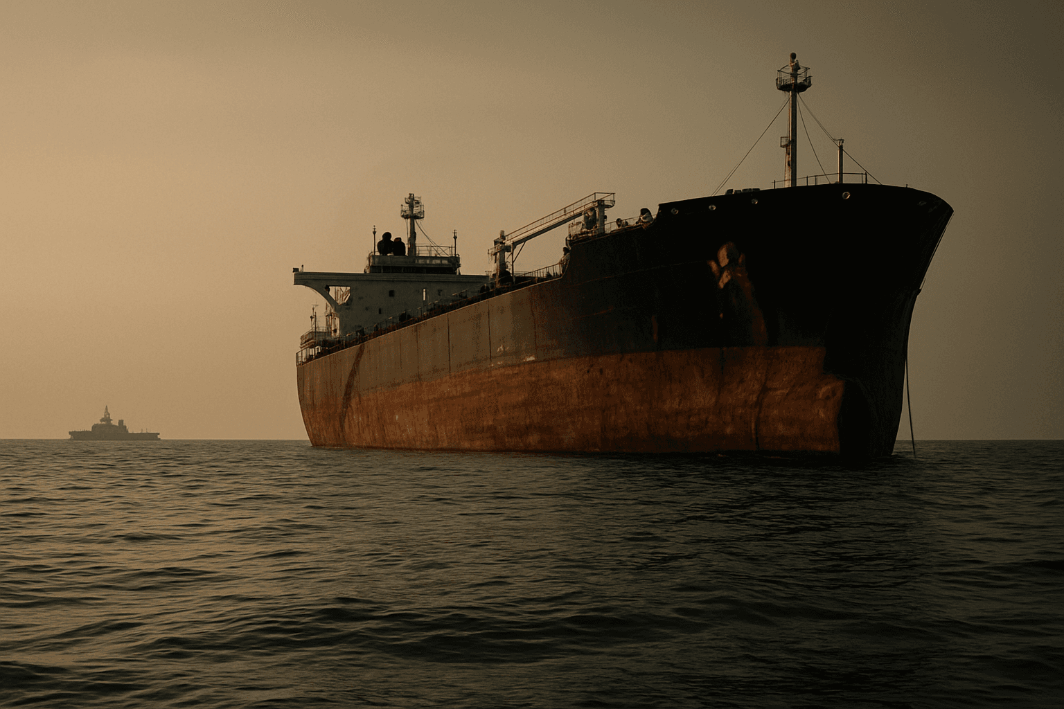 A large rusting oil tanker anchored in open ocean at dusk, its corroded hull reflected in still gray water, with the distant silhouette of a naval vessel on the horizon.