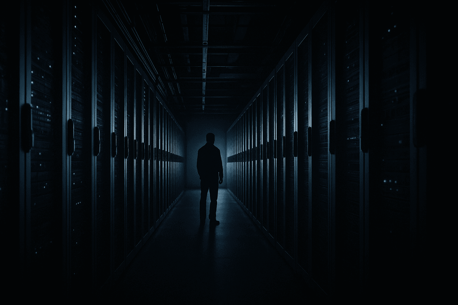 Server racks stretching to a vanishing point in a dark data center, a lone researcher in silhouette at the far end