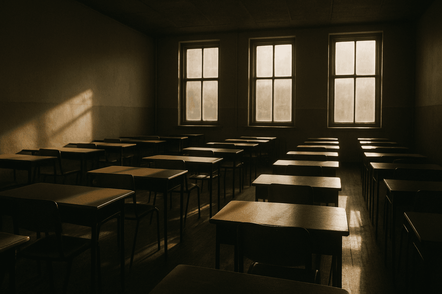 Empty examination room with rows of desks in raking afternoon light, no people present