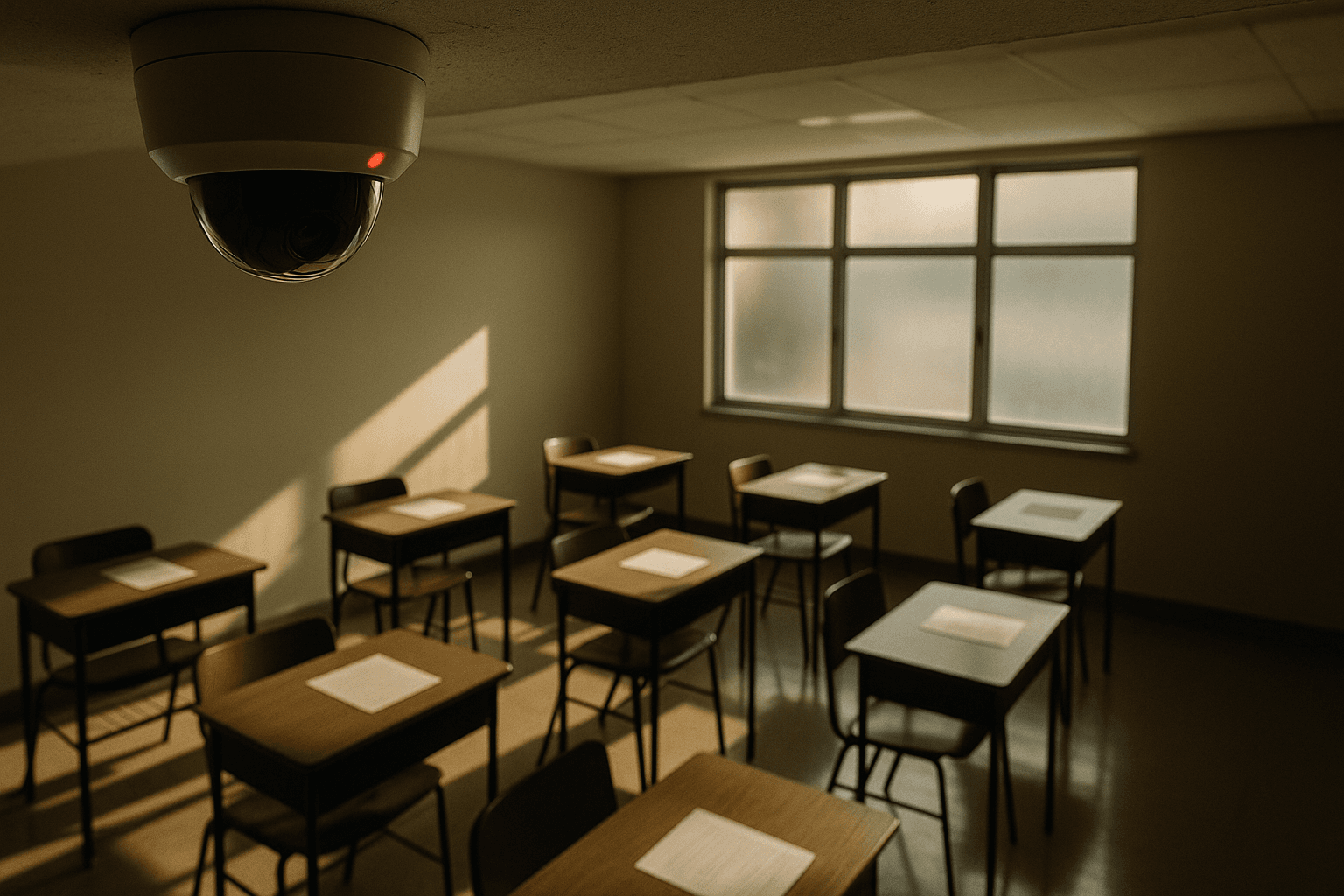 A security camera mounted in the corner of an empty exam room surveys rows of blank answer sheets, afternoon light casting shadows across the linoleum floor.