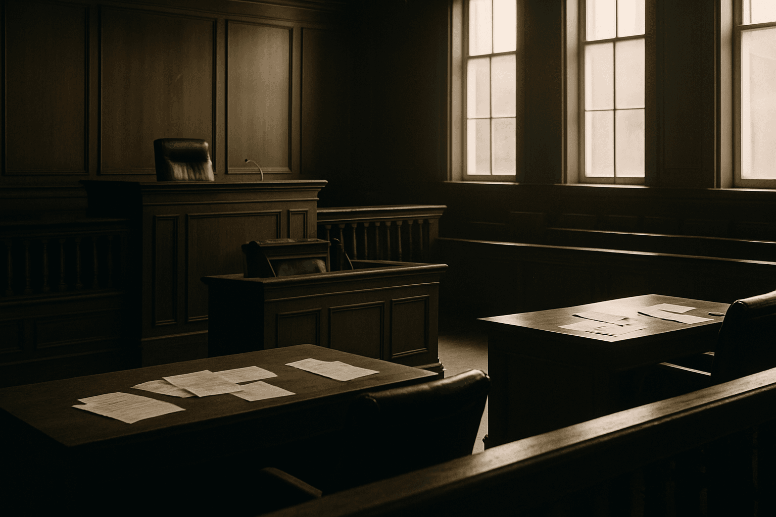 An empty federal courtroom interior with soft natural light crossing a vacant witness stand