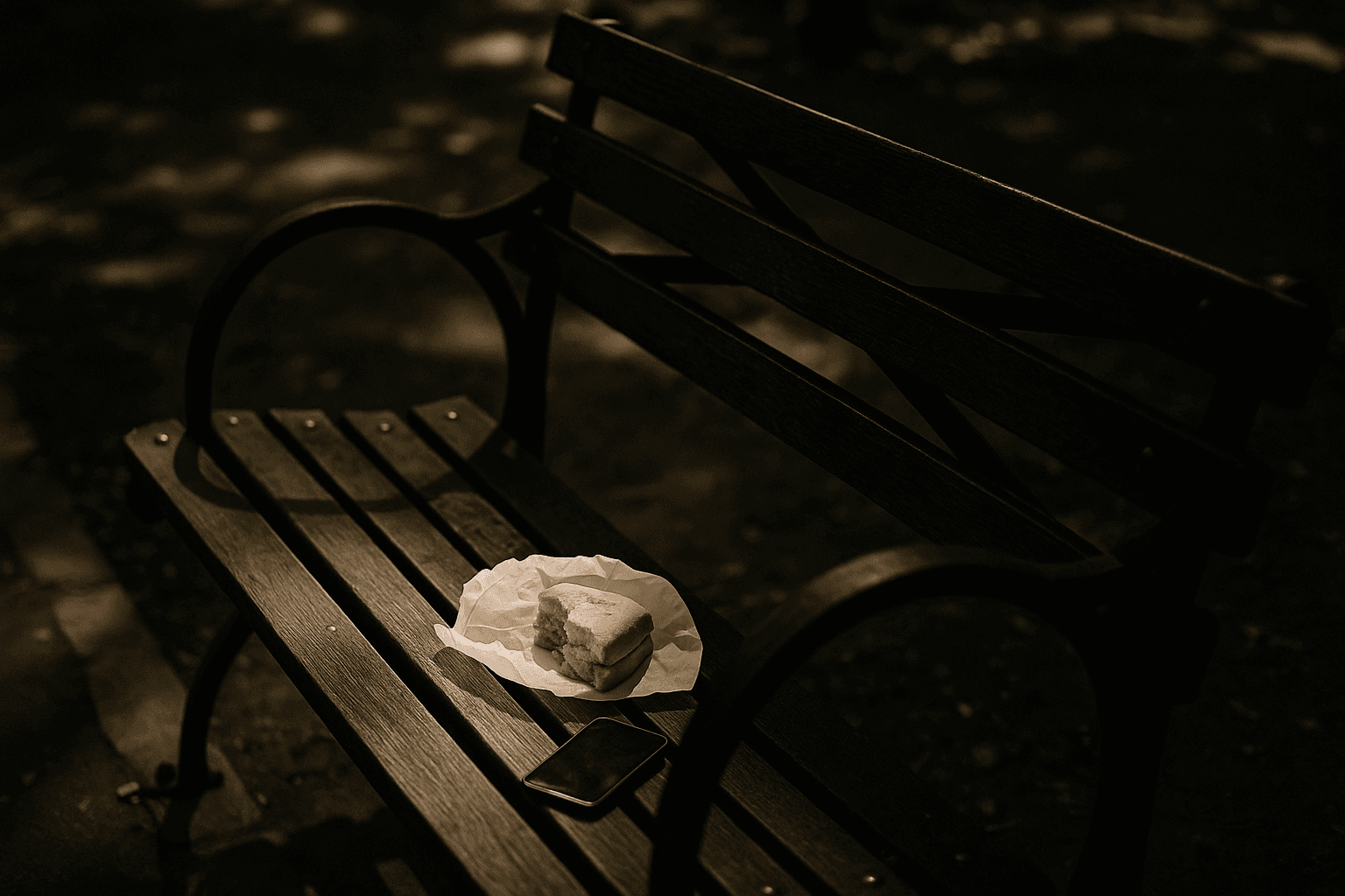 A park bench in dappled afternoon light with a half-eaten sandwich and a face-down phone with a glowing screen resting beside it