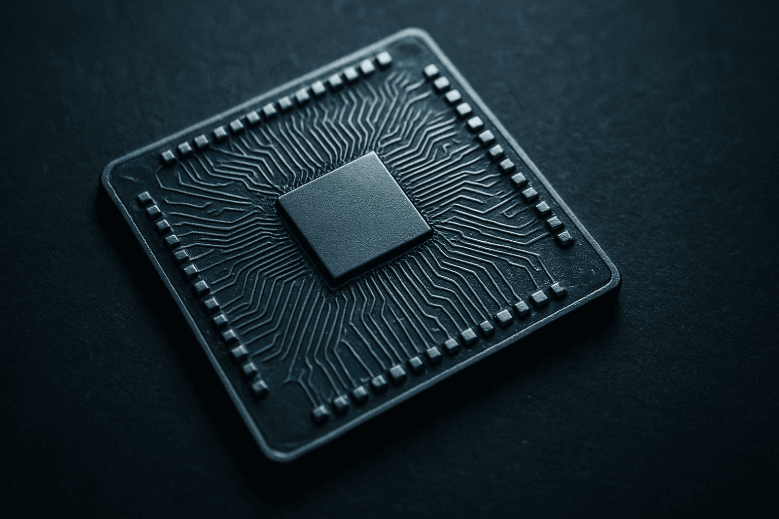 Top-down macro photograph of a semiconductor chip package on a dark surface under industrial lighting