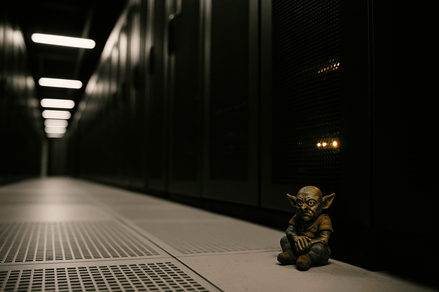 Small painted ceramic goblin figurine at the base of a black server rack in a darkened data center aisle, lit by amber indicator lights with equipment receding into soft focus behind it.