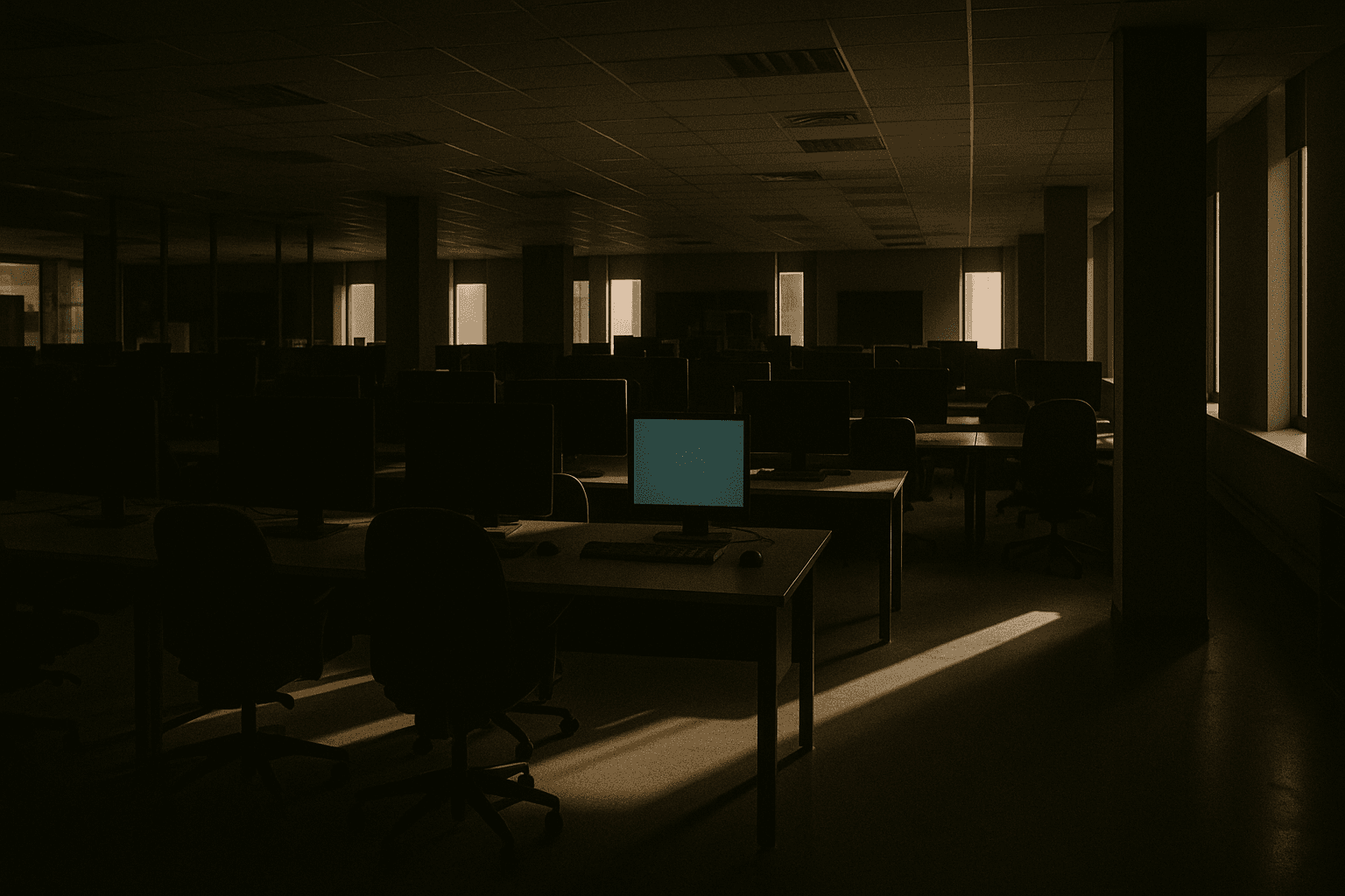 An empty newsroom at dawn, rows of unoccupied desks lit by a single glowing monitor and thin natural light from tall windows