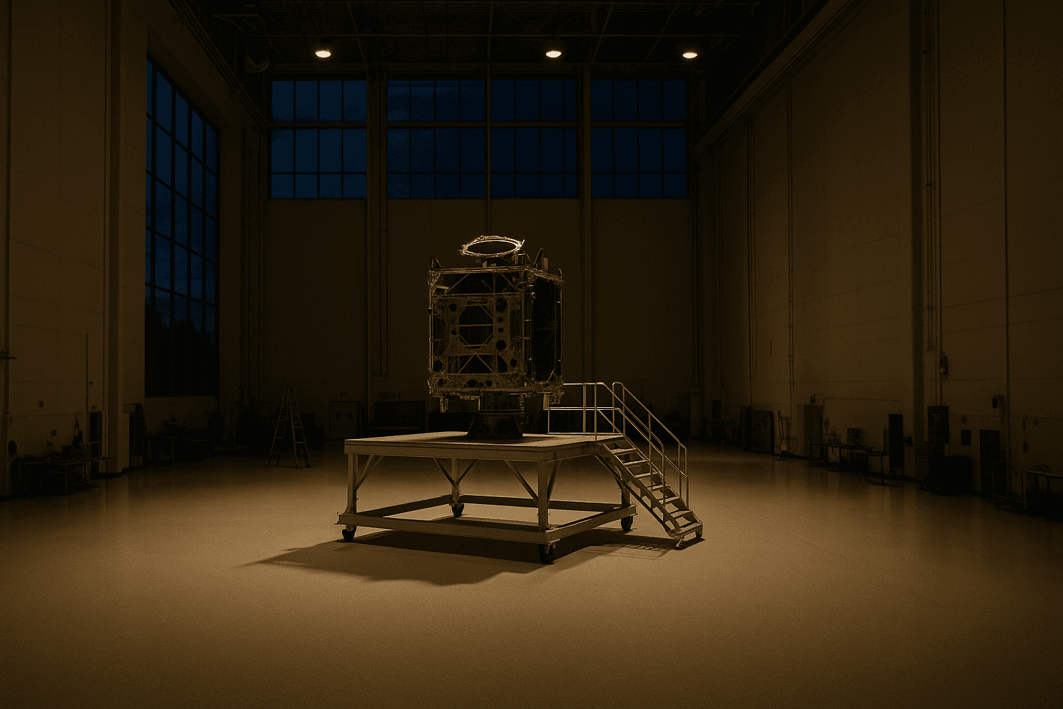 A spacecraft bus sits on a platform inside a cavernous government integration facility, surrounded by empty floor space.