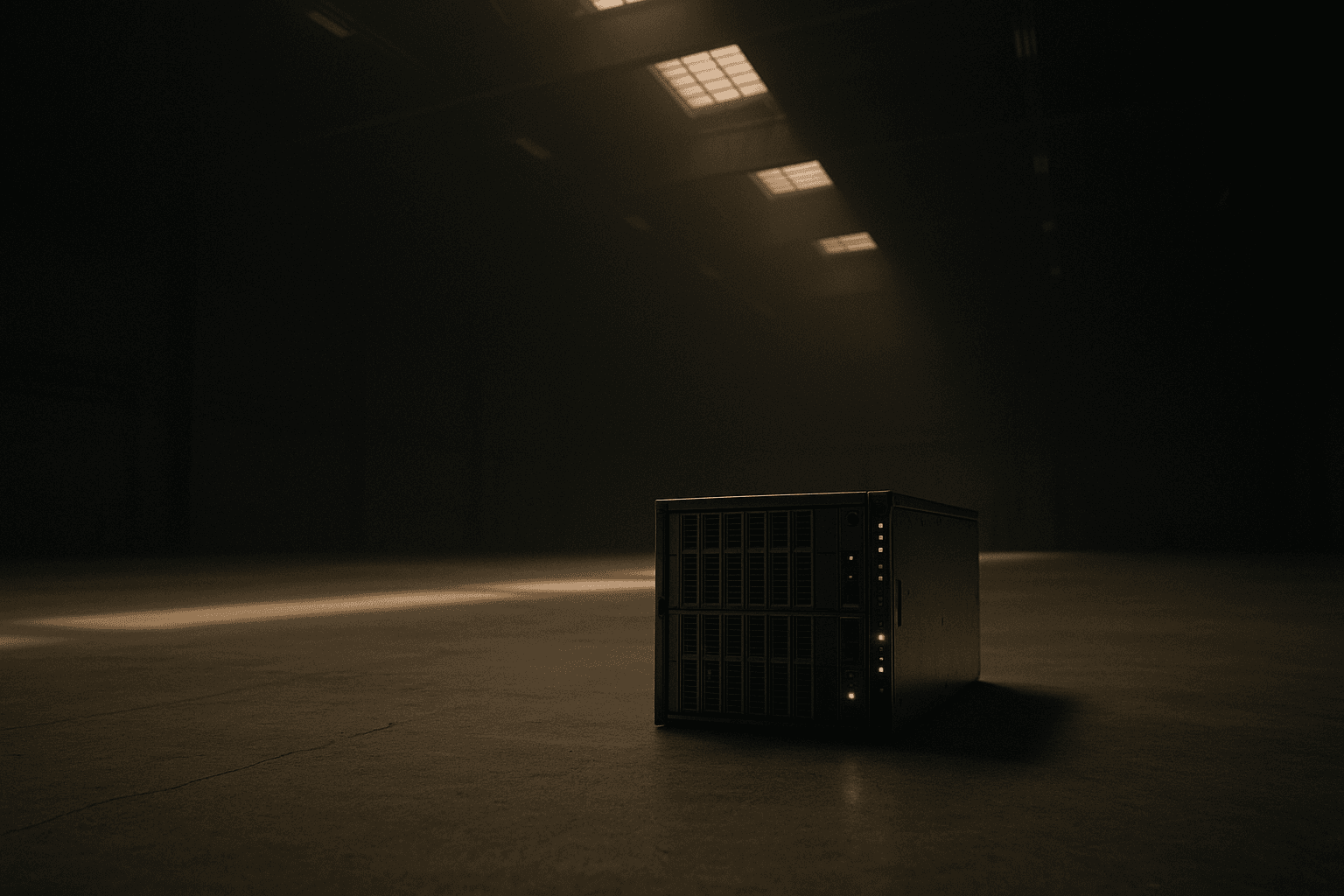 Modular server unit on a warehouse floor lit by industrial skylights and amber indicator lights