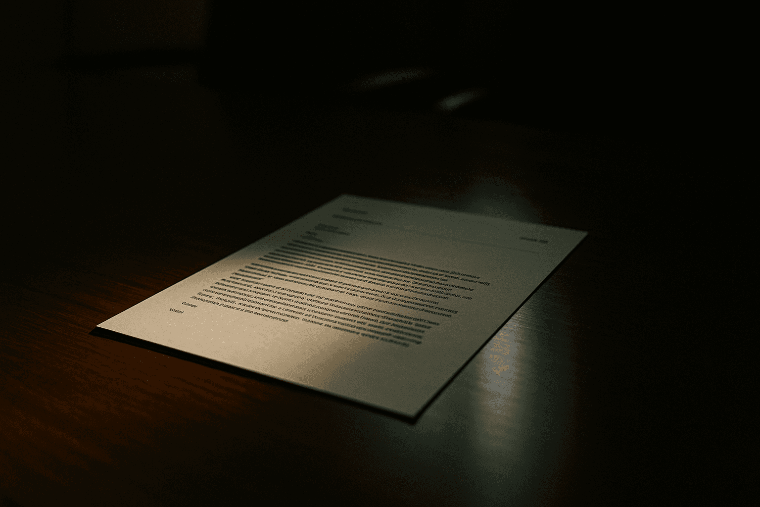 A printed email page on a conference table, illuminated by raking window light against a dark background