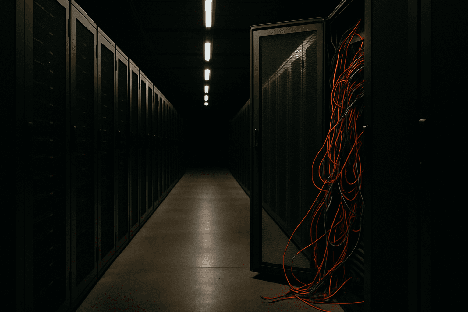 Open server rack panel revealing a tangle of cables in a fluorescent-lit data center corridor.