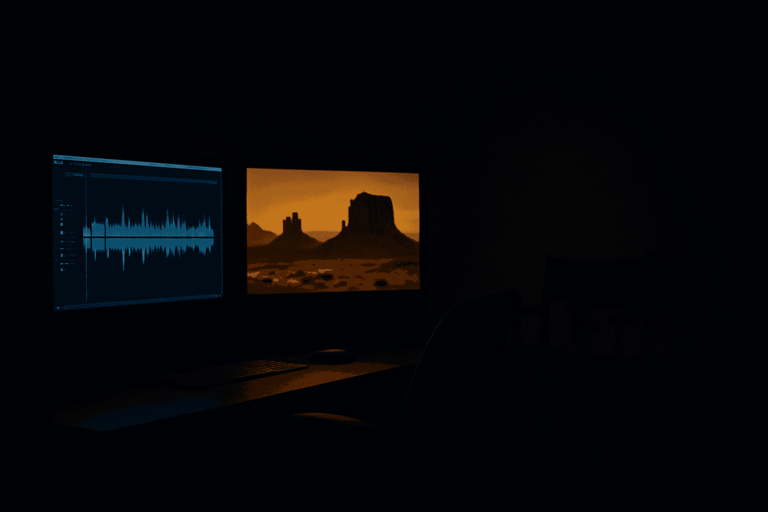 A dark film editing suite with two glowing monitors showing an audio timeline and a Western landscape still, an empty director's chair blurred in the background.