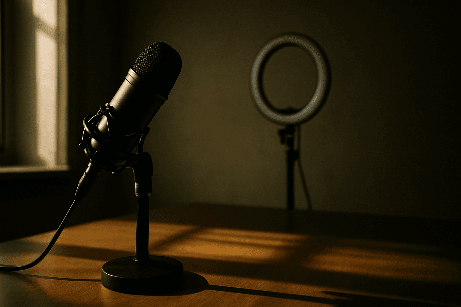 Empty creator desk with a microphone and powered-off ring light, lit by pale natural window light, no occupant in frame