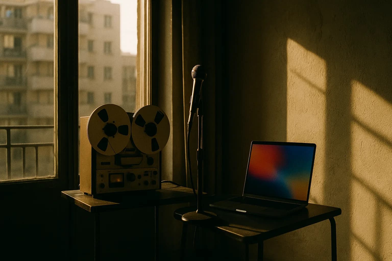 A reel-to-reel tape machine and microphone in afternoon light, a modern laptop screen glowing beside it