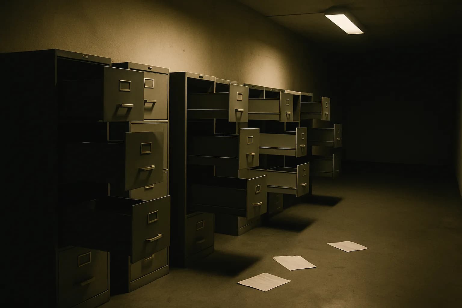 Empty open filing cabinet drawers in a government corridor, loose pages scattered on the floor beneath harsh fluorescent light