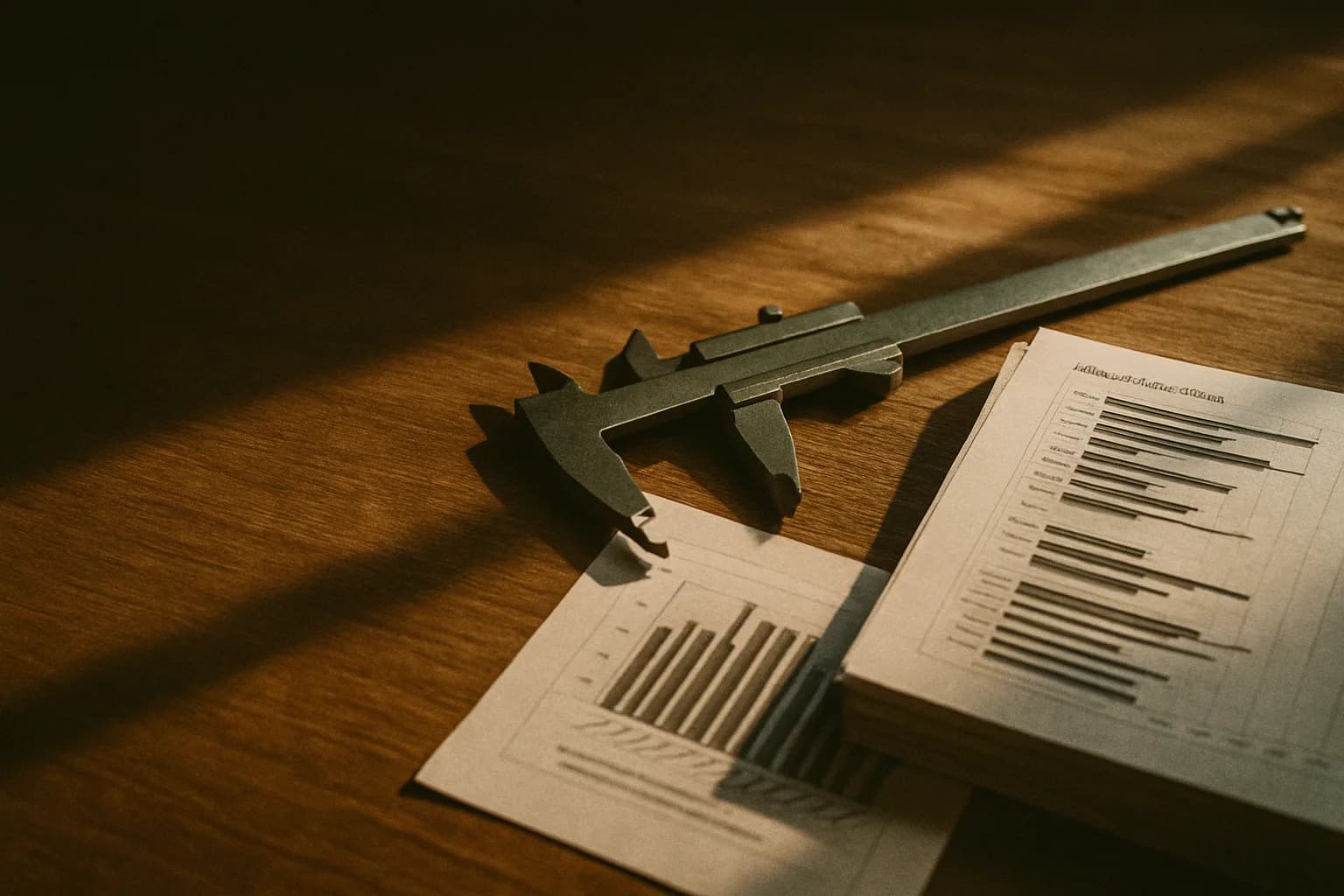 An open steel caliper measuring a stack of printed technical output pages on a wooden desk, one page set apart to the side, photographed in low angled morning light.