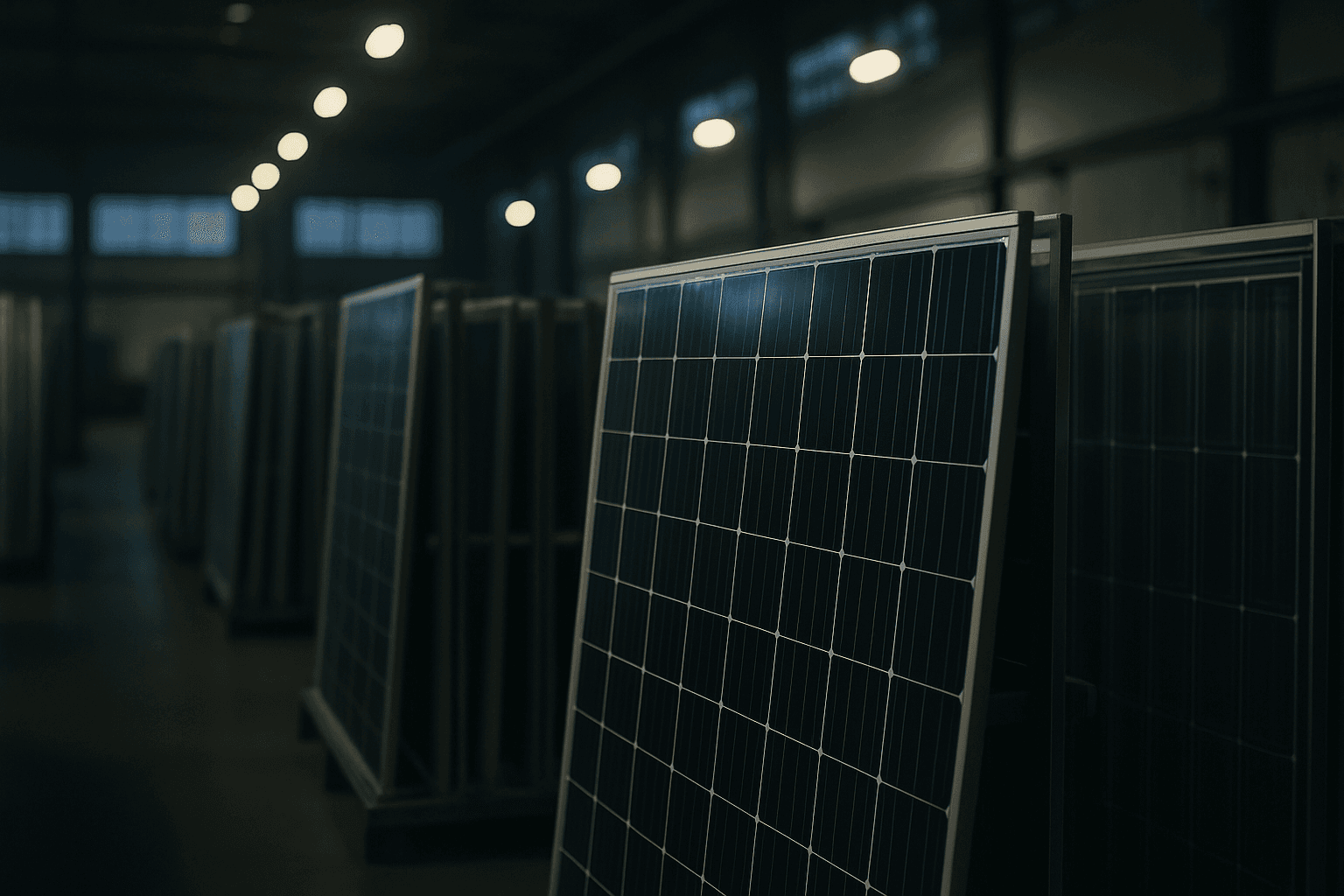Rows of perovskite-silicon tandem solar modules stacked on steel racks inside an empty manufacturing facility, lit by soft overhead industrial light
