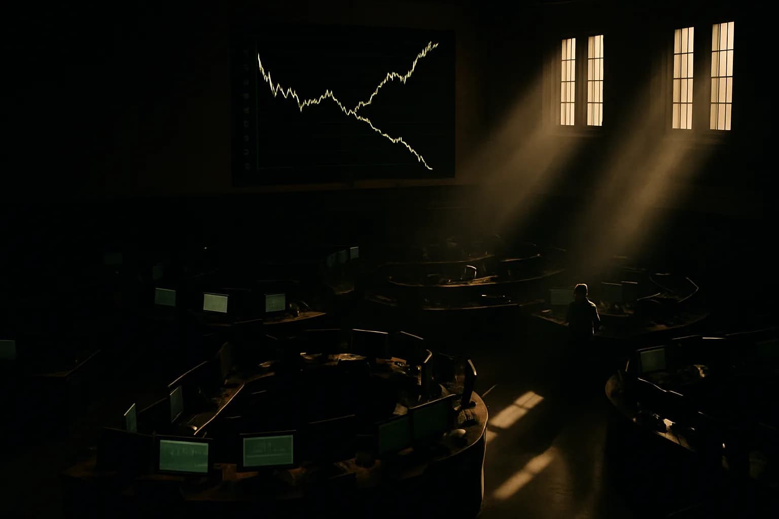 Aerial view of a mostly dark trading floor with scattered glowing monitors and one large overhead display showing two sharply diverging trend lines, lit by afternoon light from high windows.