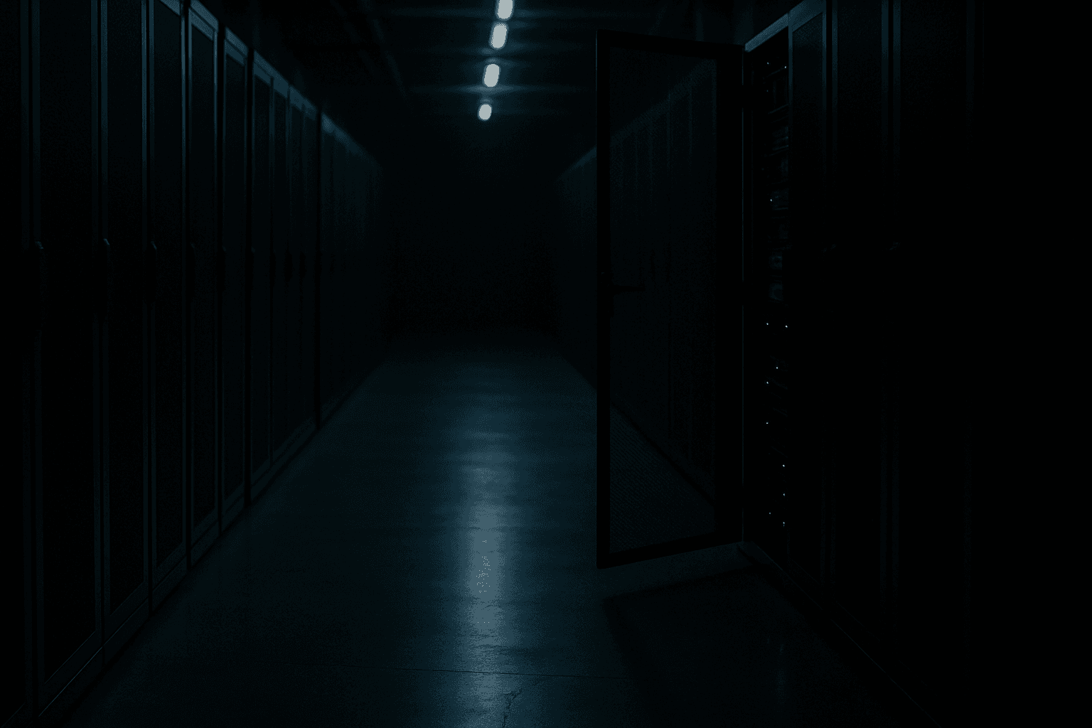 An open server rack in a dim data center corridor, red and green LEDs casting small colored spots on the concrete floor, the passage receding into darkness behind it.