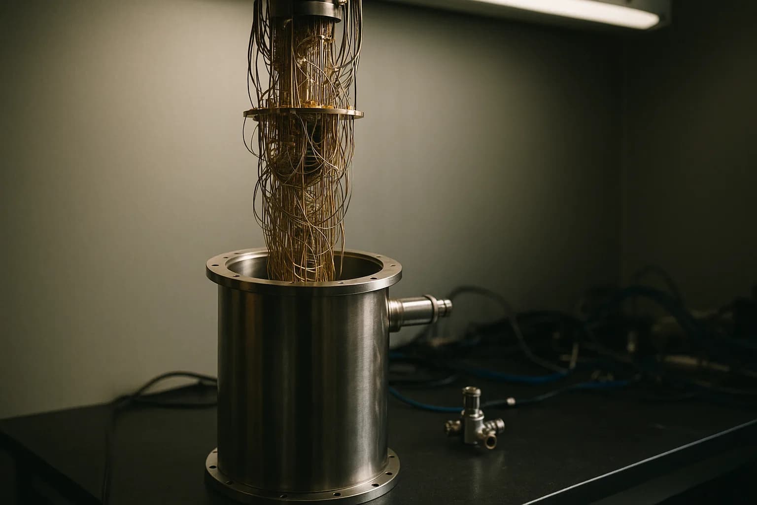 A cryogenic dilution refrigerator open on a laboratory workbench, with dense wiring coils visible inside its metallic canister against a gray laboratory wall.
