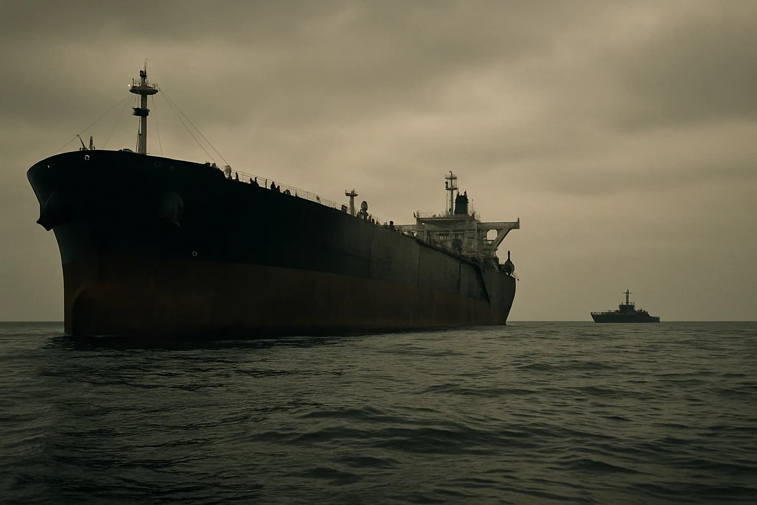 A large oil tanker on open Indian Ocean water flanked at distance by a smaller naval vessel in hazy afternoon light