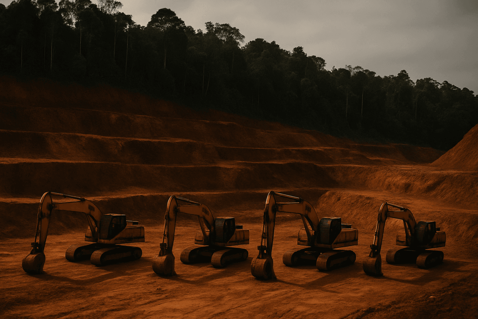 Idle excavators on a red laterite nickel mining hillside in North Maluku, Indonesia