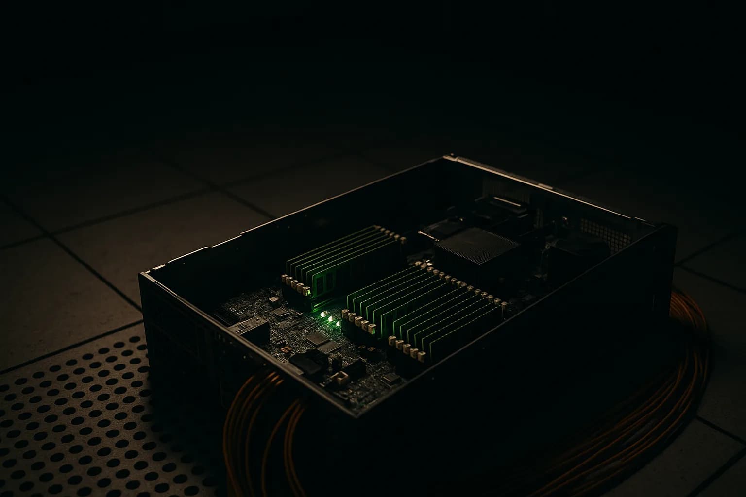 An open server chassis filled with rows of lit green memory modules in a dim data center, with fiber optic cables trailing out of frame and soft overhead light casting contrast across the hardware.