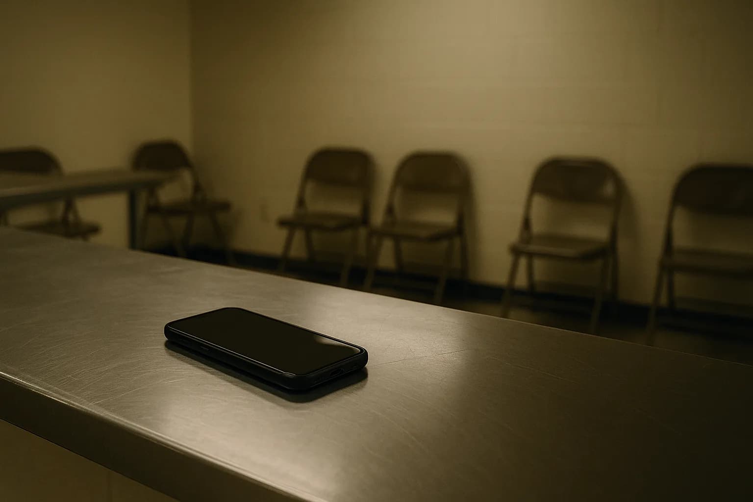 A smartphone on a metal intake counter in a sparse government processing room