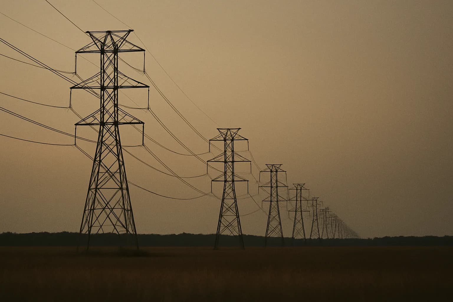 High-voltage transmission towers stretching across a flat plain at dusk, electrical lines receding toward the horizon under a warm overcast sky.