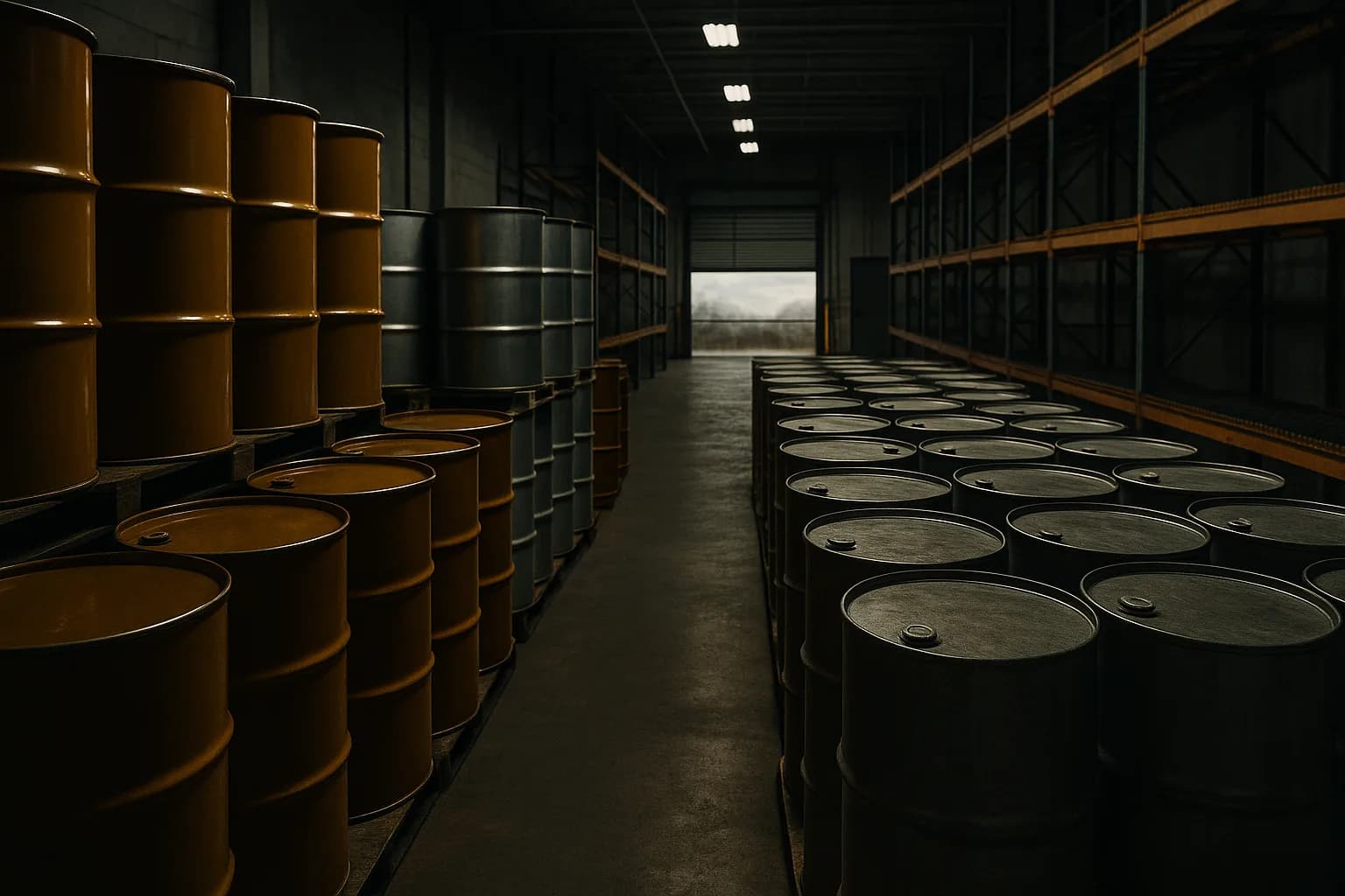 Sealed chemical drums stacked in rows in a sparse warehouse under fluorescent light, empty pallet racks receding toward a loading door open on gray sky