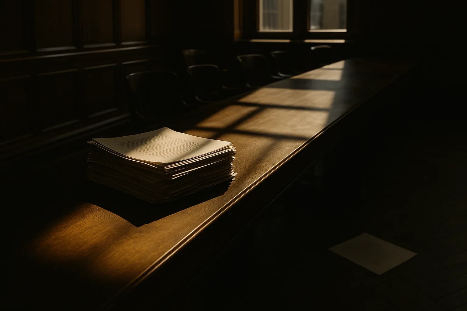 Stacked manuscripts on a judging table in a wood-paneled room, one sheet fallen to the floor in afternoon light