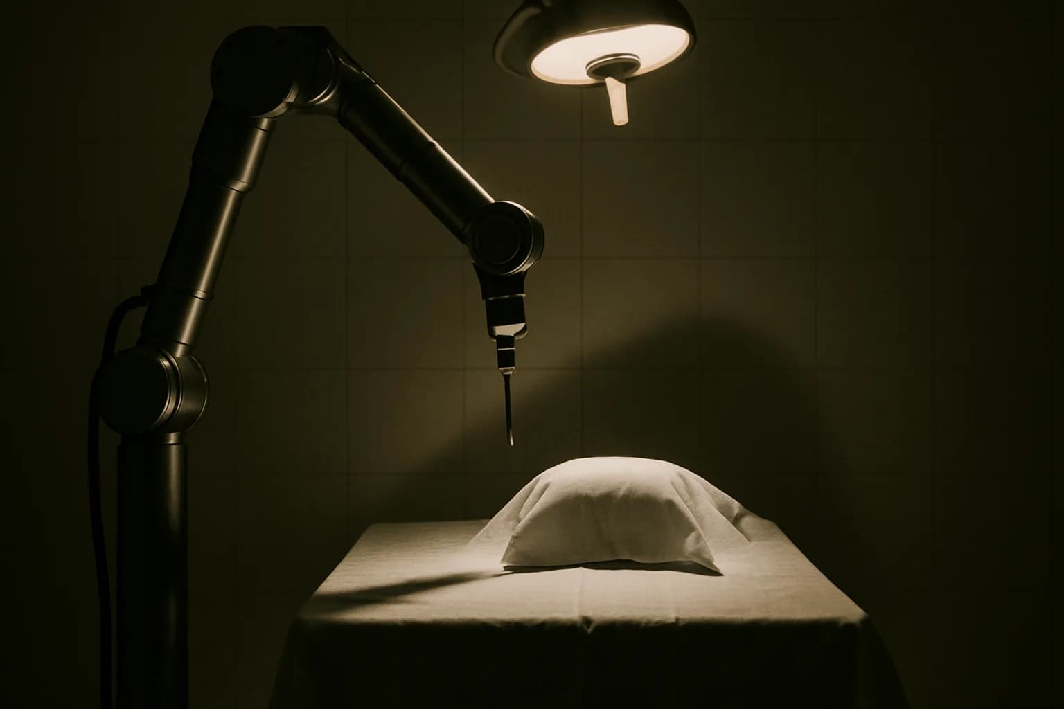 A surgical robot arm poised above a sterile headrest in an empty operating theater, needle tip illuminated by a single overhead lamp