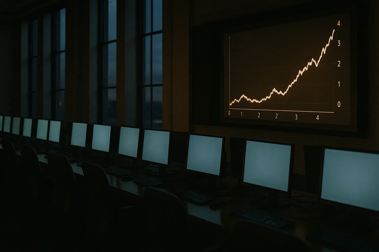 Empty bond trading floor at dusk with a large yield display board showing the 30-year Treasury rate climbing above 5 percent.