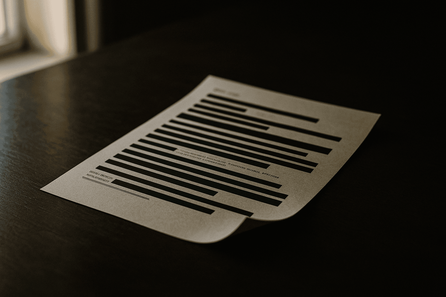 Heavily redacted government document page on a dark surface, backlit by soft natural window light