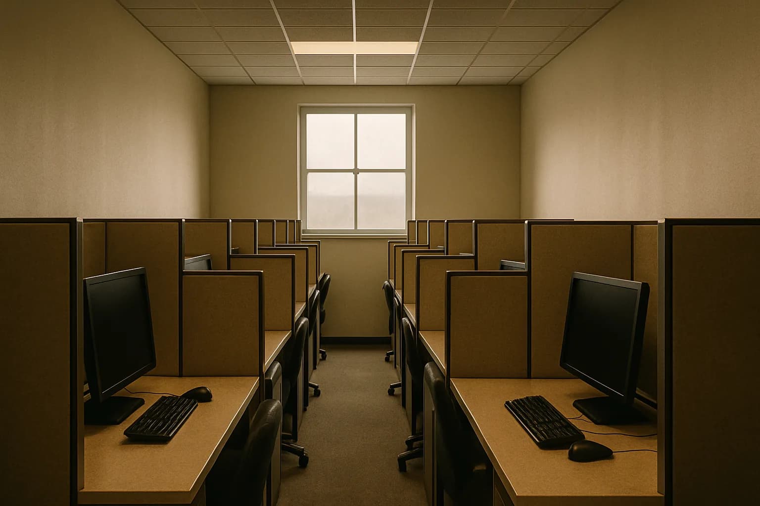 Empty federal office workstations in a long fluorescent-lit corridor, black monitors and keyboards at each station, pale gray natural light from a distant window