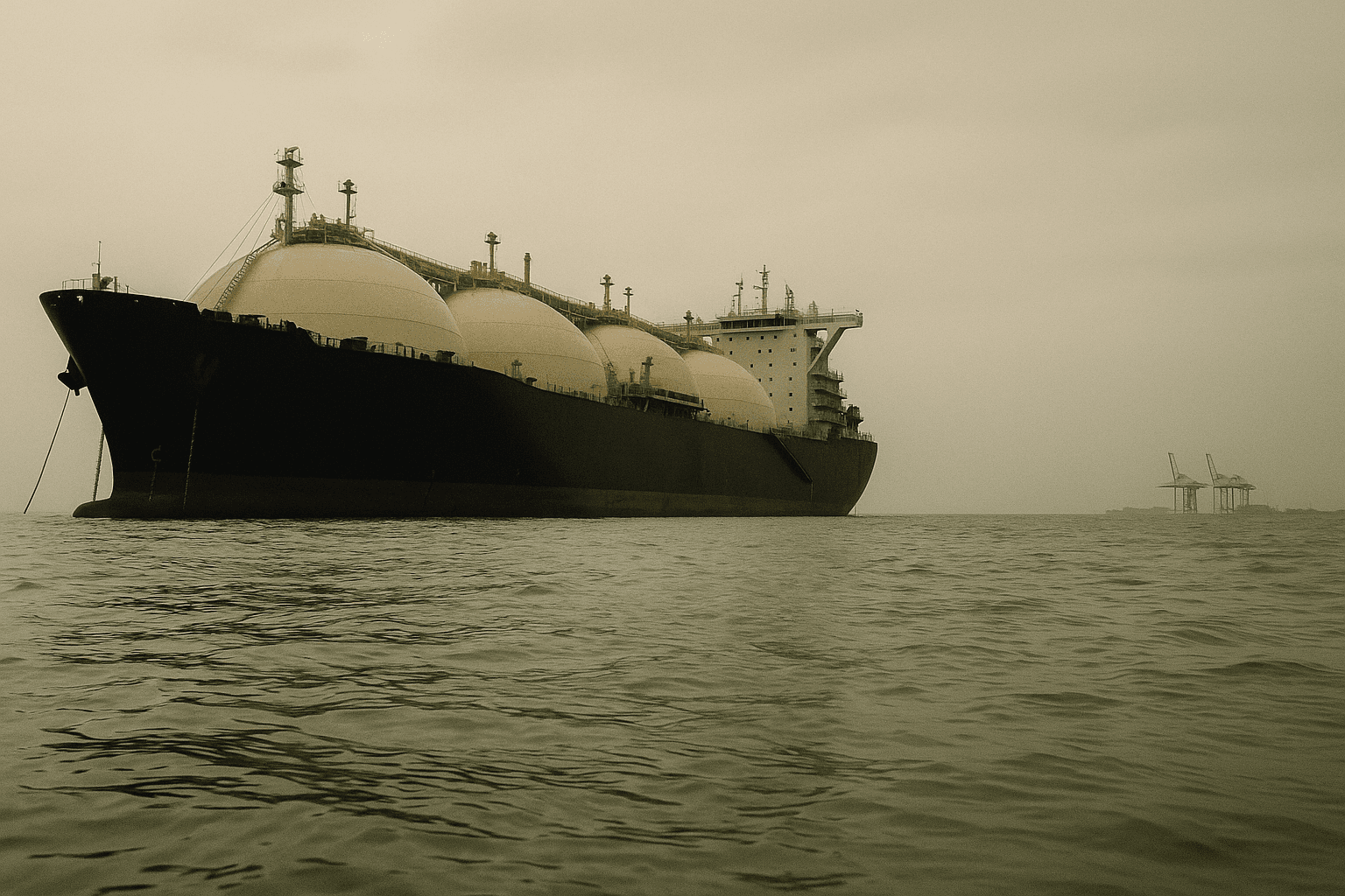 LNG tanker at anchor in open ocean near Singapore, viewed from the waterline under overcast sky