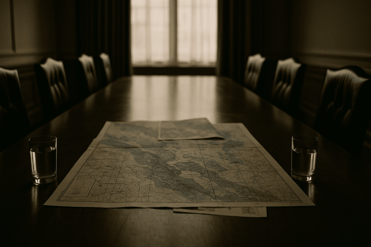 Overhead view of a negotiating table with mineral maps spread between two empty chairs and two untouched water glasses at opposite ends