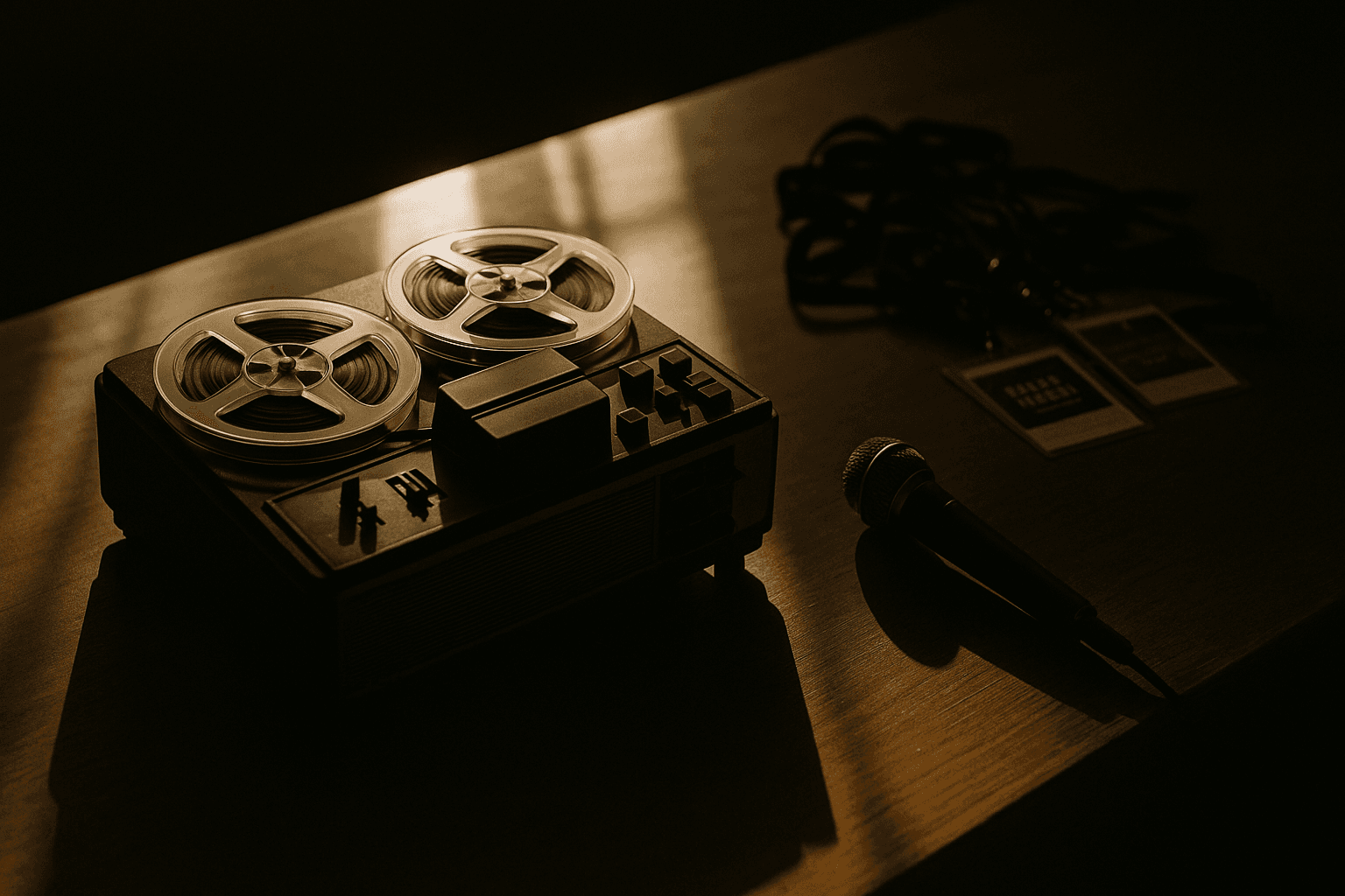 A vintage reel-to-reel tape recorder and microphone on a wooden desk, with film festival credentials blurred in the background