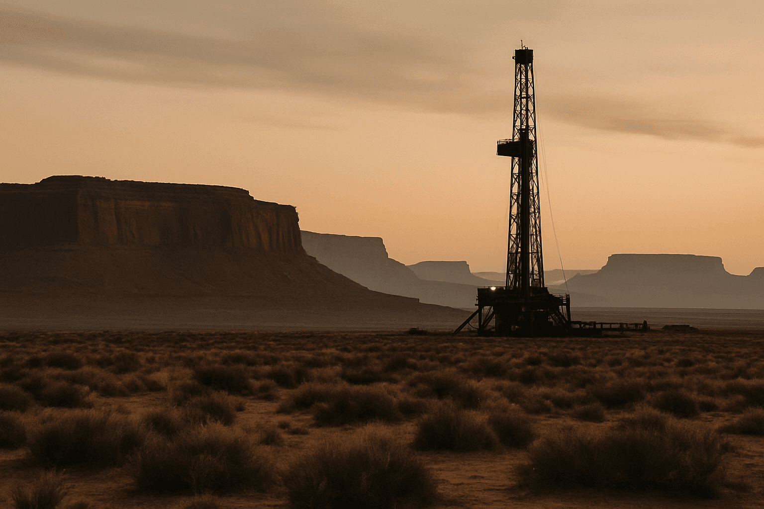 A drilling rig stands alone on a red-rock desert plateau in southern Utah at dawn, silhouetted against a pale orange sky