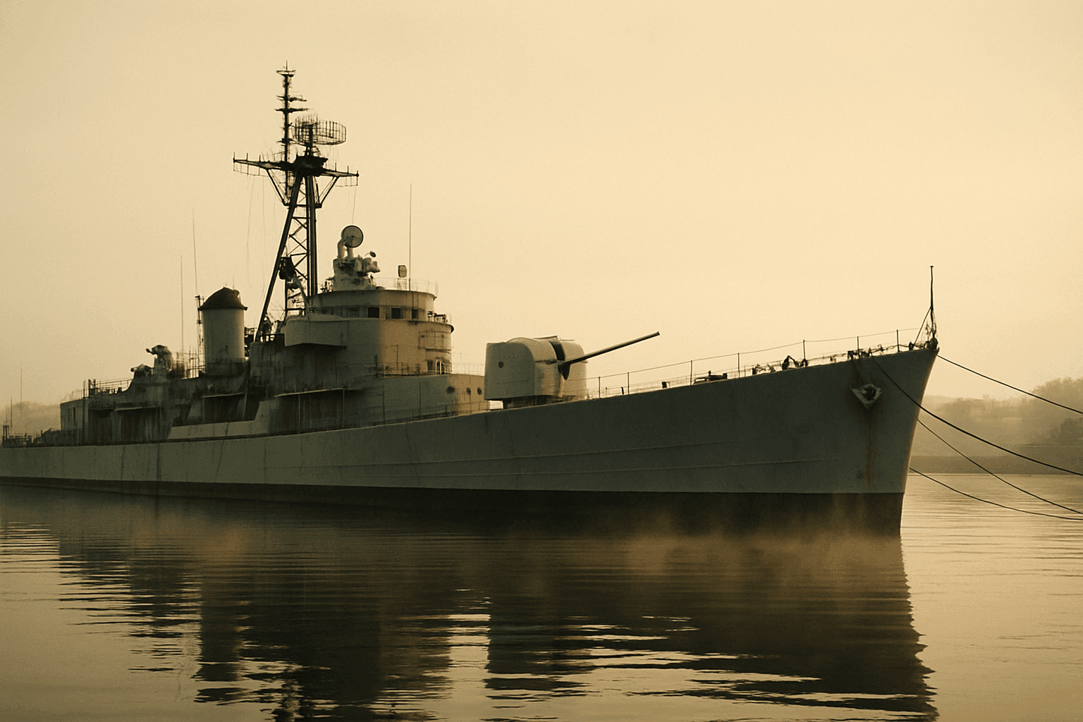 A gray destroyer escort moored at a naval harbor at dawn, its radar mast silhouetted against a pale overcast sky, mist rising from the still water