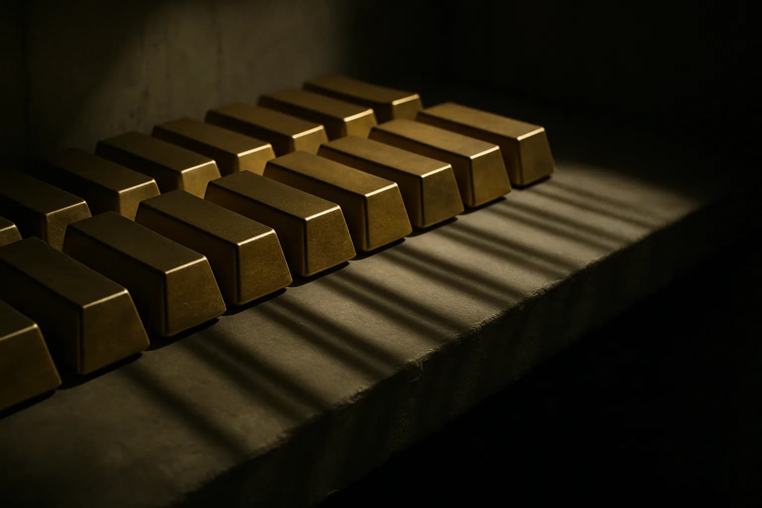 Rows of gold bars on a concrete shelf inside a central bank vault antechamber, under hard overhead lighting.