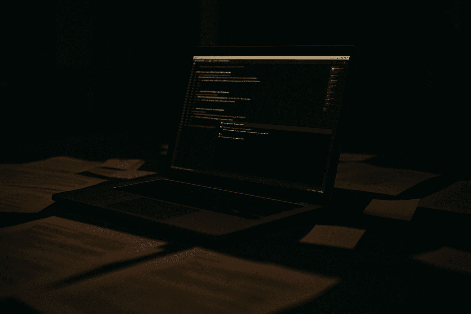 A code editor glowing on a laptop in a darkened office, surrounded by stacked printed documents