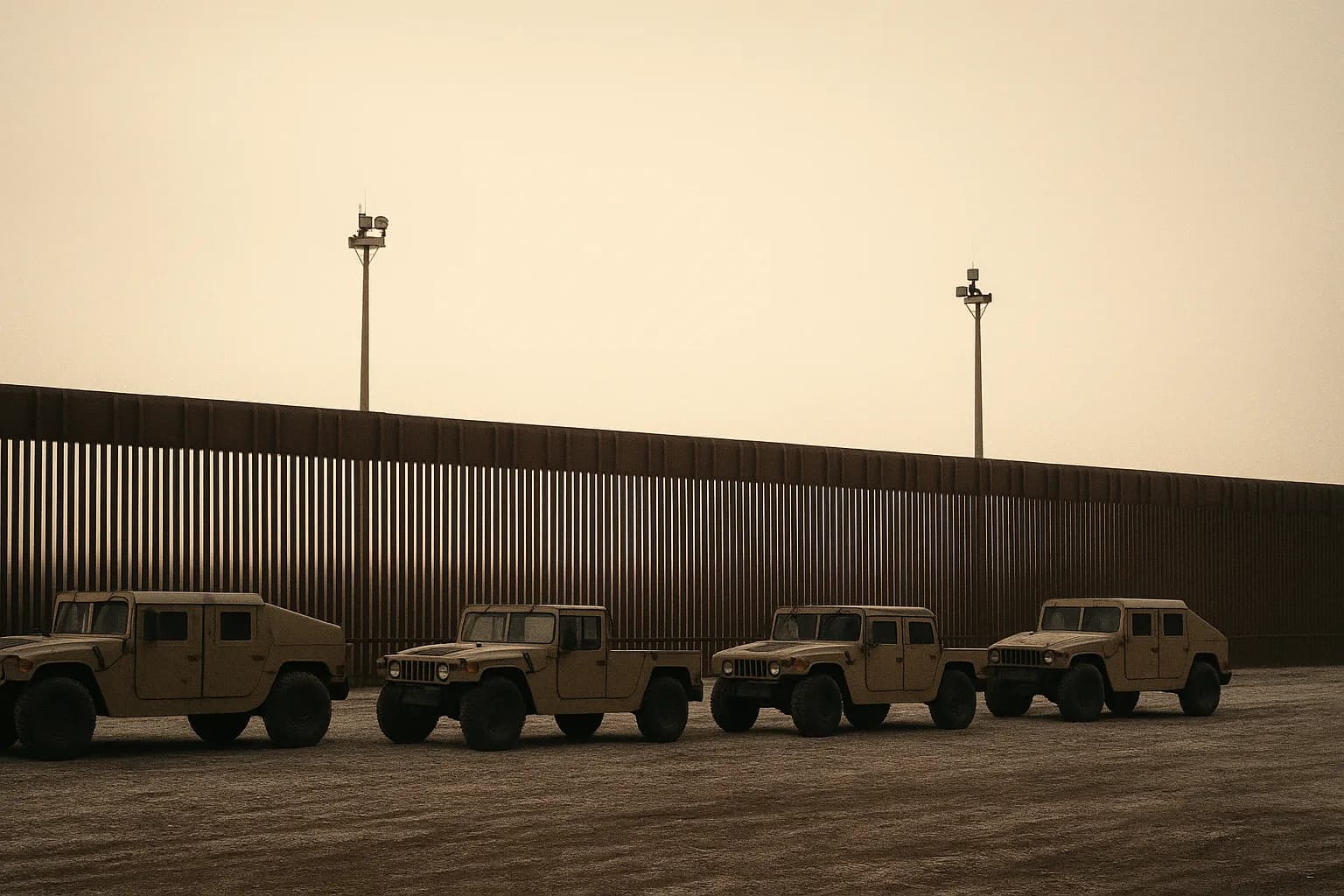Military vehicles at dawn beside a steel border fence with surveillance towers rising into an overcast sky
