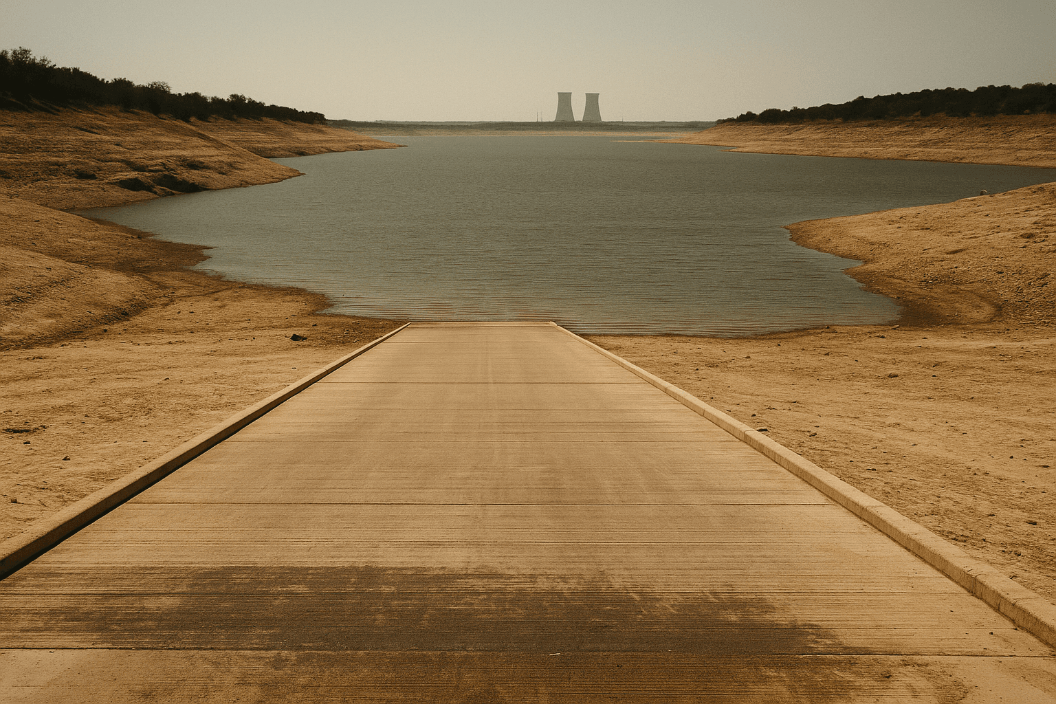 A concrete boat ramp leading into a near-empty reservoir, with dark mineral stain lines showing where the waterline once reached, industrial cooling towers barely visible through heat haze in the distance.